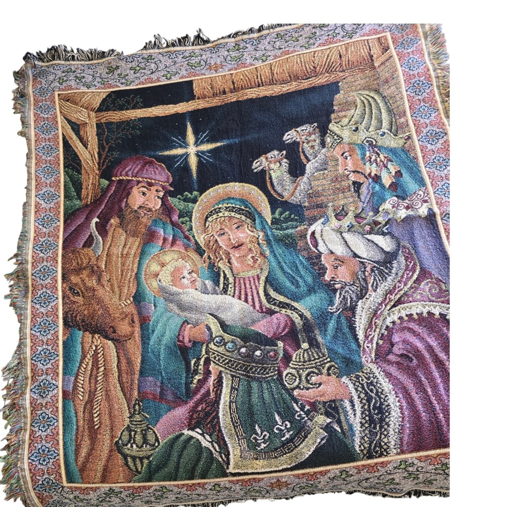 Woven Tapestry Blanket OS Multicolor Nativity Religious Christmas 50x58